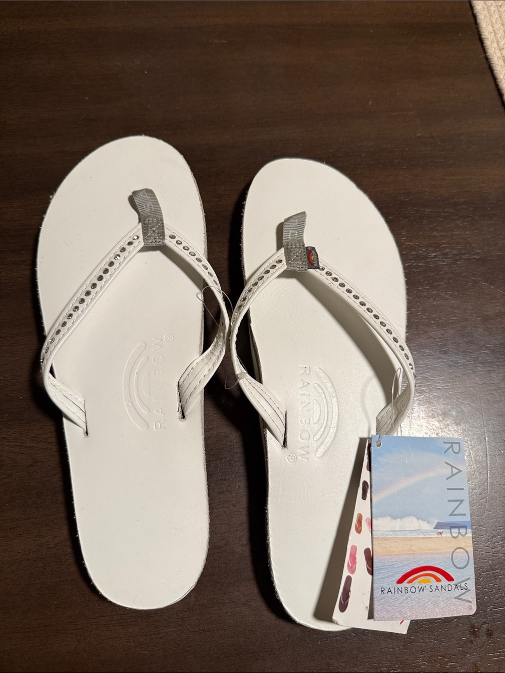 Rainbow White Crystal-Trim Flip Flop Sandals for Women Size 9.5 $50